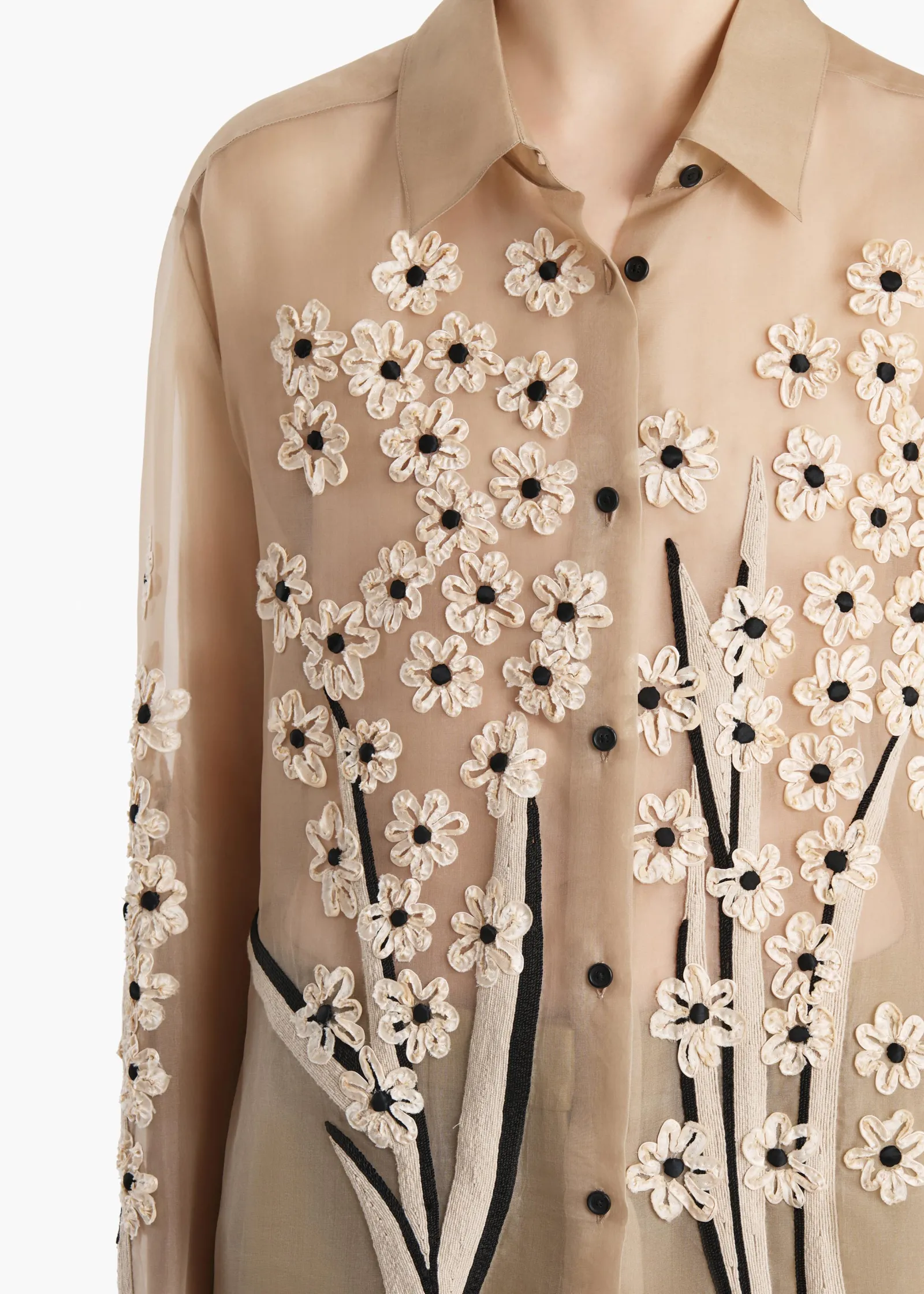 Khaite Shirts & Tops-Argo Top in Chalk Organza with Floral Bouquet Embroidery