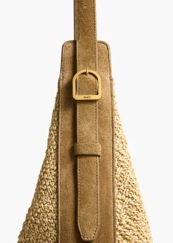 Khaite Crossbody Bags-Augustina Hobo in Wheat Suede and Natural Raffia
