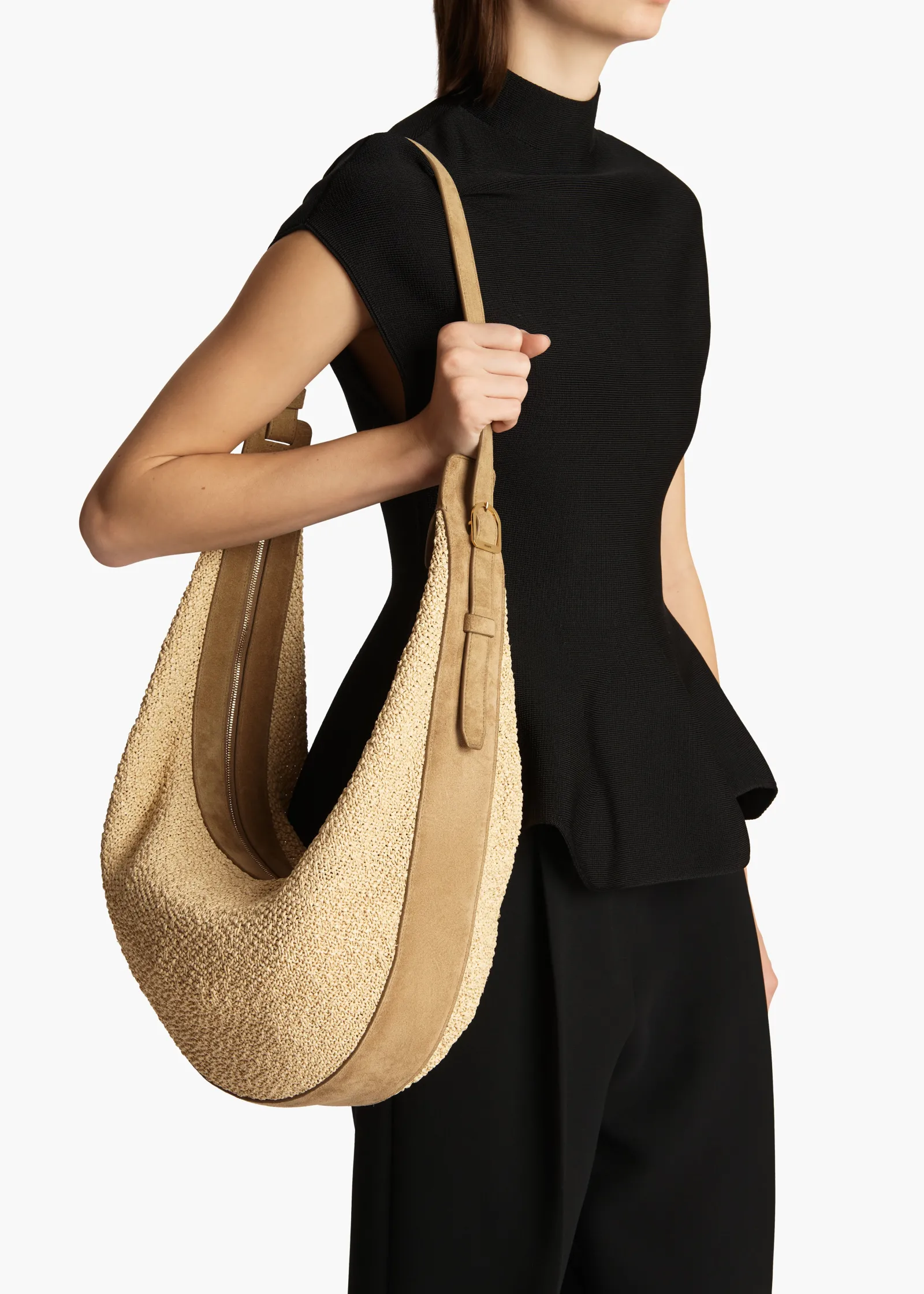 Khaite Crossbody Bags-Augustina Hobo in Wheat Suede and Natural Raffia