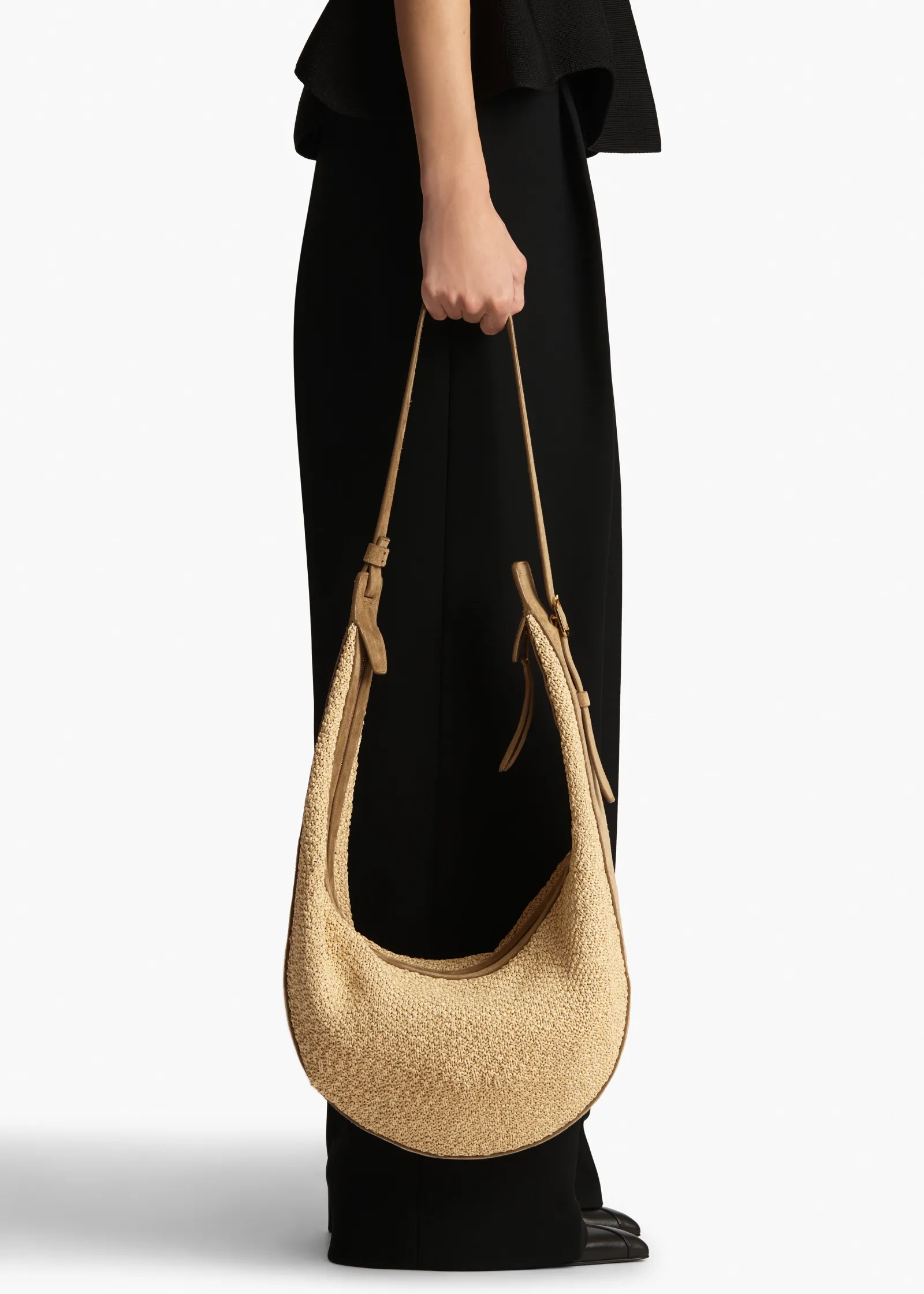 Khaite Crossbody Bags-Augustina Hobo in Wheat Suede and Natural Raffia