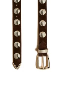 Khaite Belts-Benny Belt with Studs in Coffee Suede and Silver