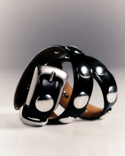Khaite Belts-Benny Belt with Studs in Black Leather and Silver