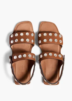 Khaite Sandals-Boden Sandal in Dark Tan Leather with Silver Studs