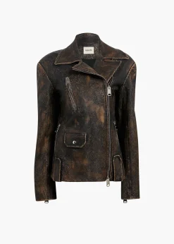 Khaite Leather|Jackets-Catalina Jacket in Black and Natural Distressed Leather