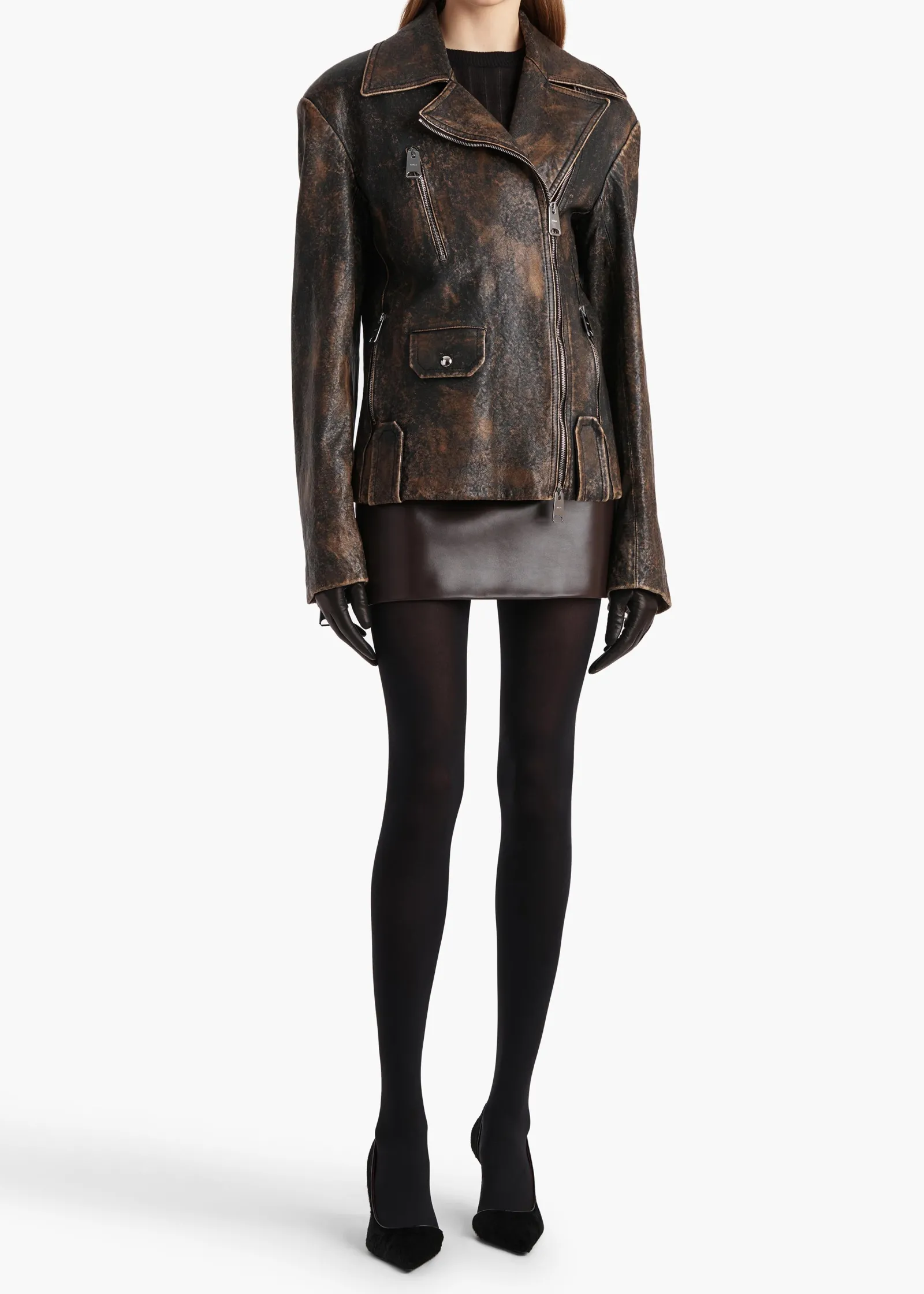 Khaite Leather|Jackets-Catalina Jacket in Black and Natural Distressed Leather