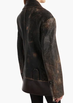 Khaite Leather|Jackets-Catalina Jacket in Black and Natural Distressed Leather