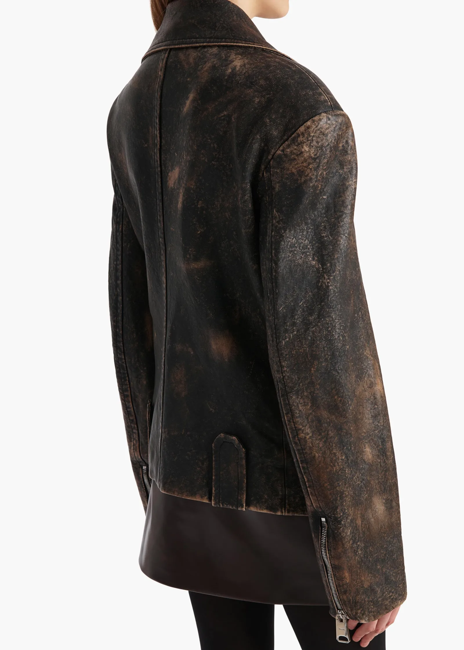 Khaite Leather|Jackets-Catalina Jacket in Black and Natural Distressed Leather