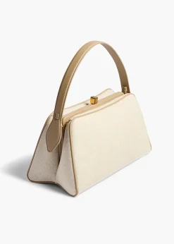 Khaite Top Handle-Cate Bag in Toffee Leather and Natural Canvas