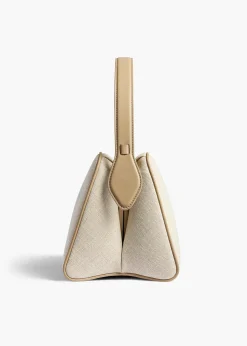 Khaite Top Handle-Cate Bag in Toffee Leather and Natural Canvas