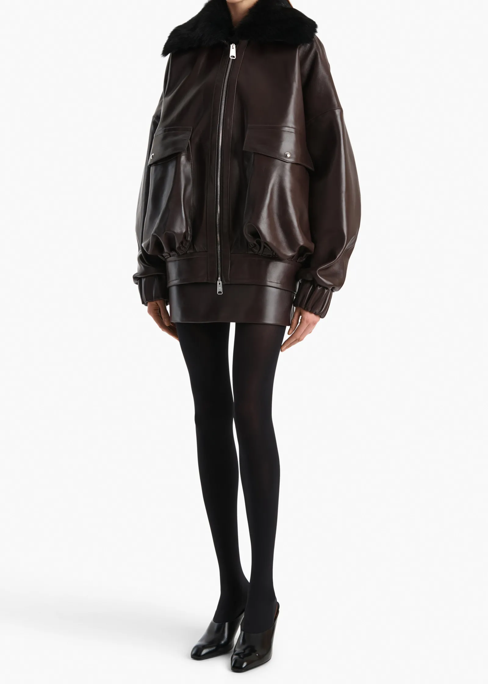 Khaite Leather|Outerwear & Coats-Daemon Jacket in Mud Leather with Shearling Collar