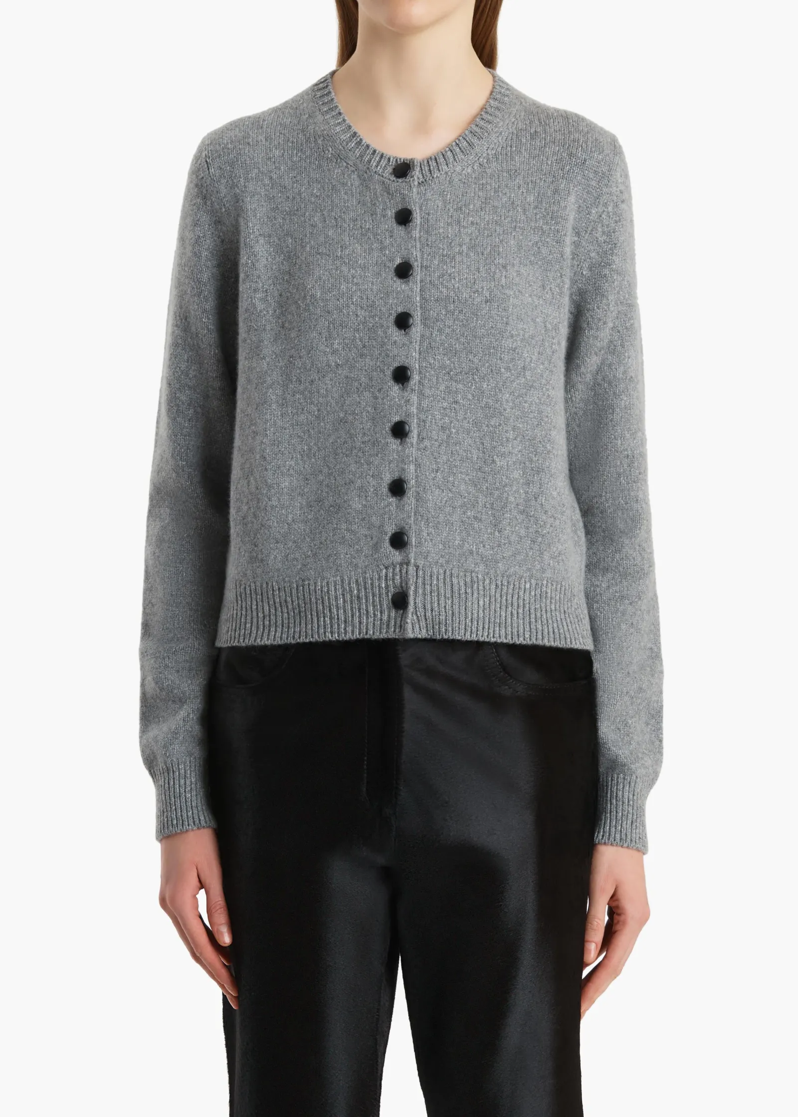 Khaite Knitwear-Everheart Cardigan in Fog with Leather Buttons