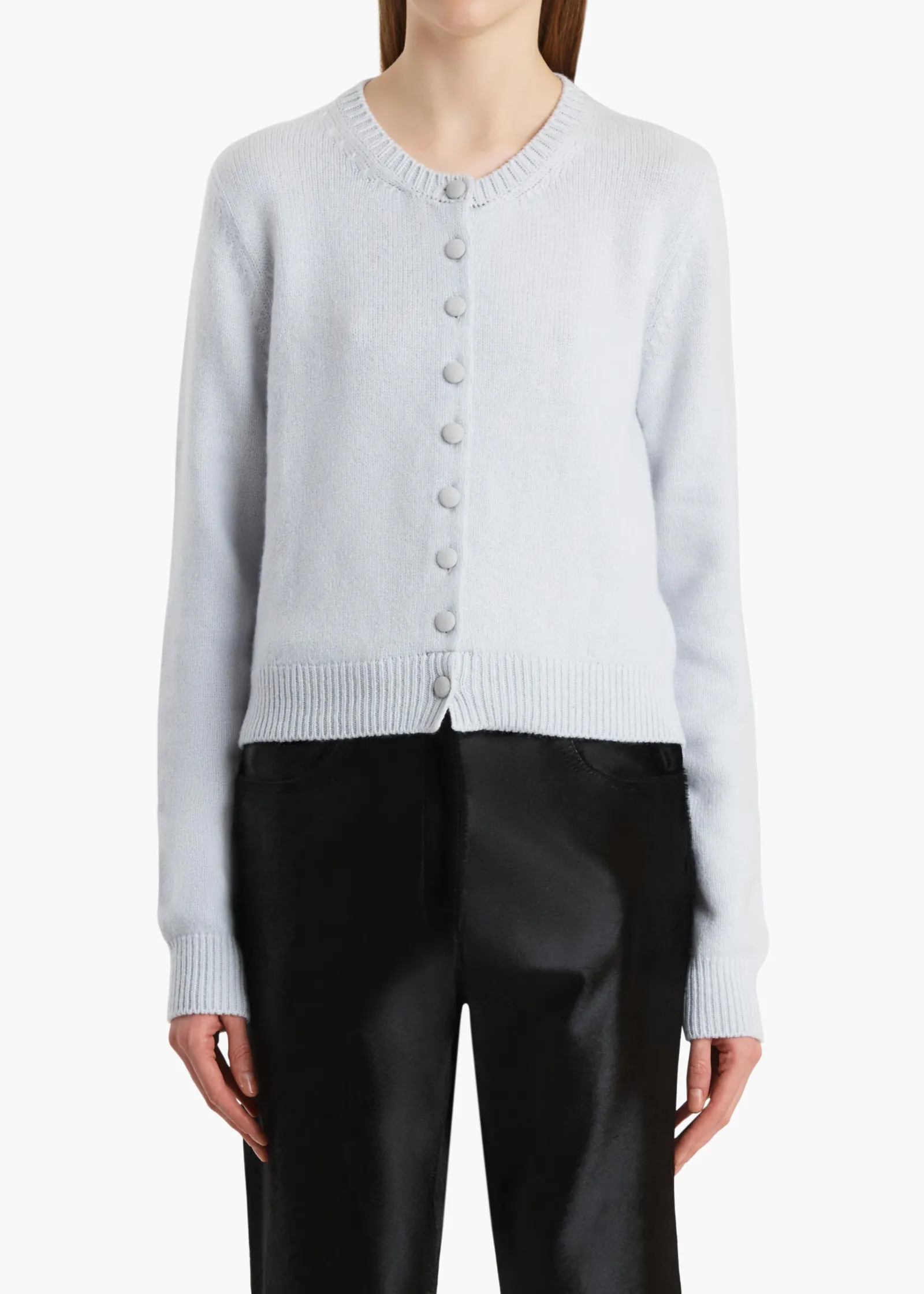 Khaite Knitwear-Everheart Cardigan in Ice Blue with Suede Buttons