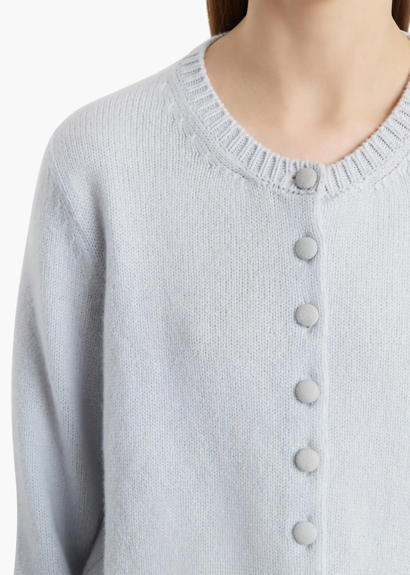 Khaite Knitwear-Everheart Cardigan in Ice Blue with Suede Buttons