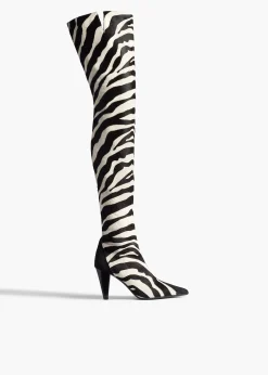 Khaite Boots-Harvey Over-the-Knee High Boot in Zebra Print Haircalf and Black Suede