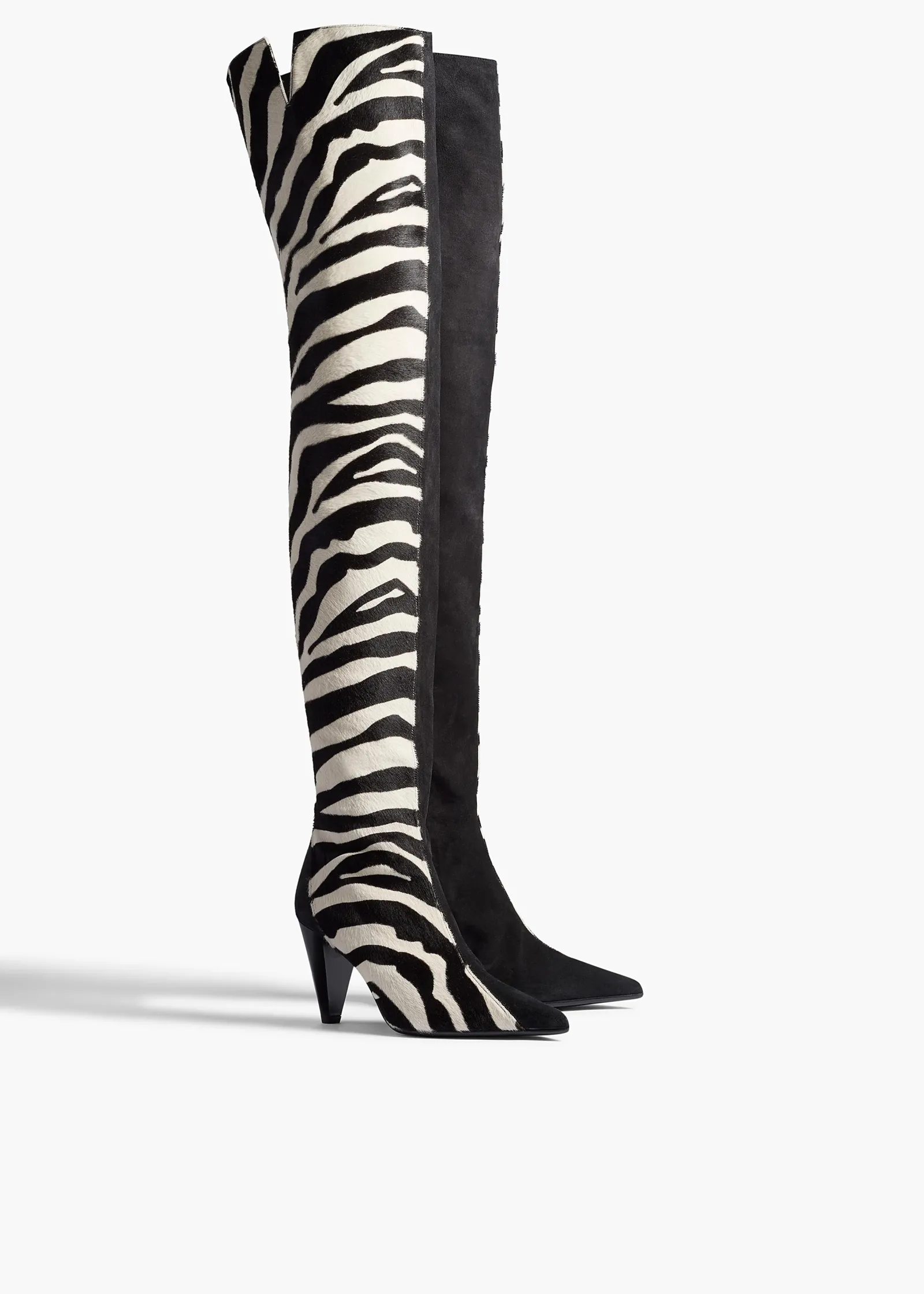 Khaite Boots-Harvey Over-the-Knee High Boot in Zebra Print Haircalf and Black Suede