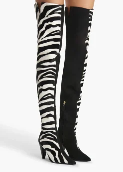 Khaite Boots-Harvey Over-the-Knee High Boot in Zebra Print Haircalf and Black Suede