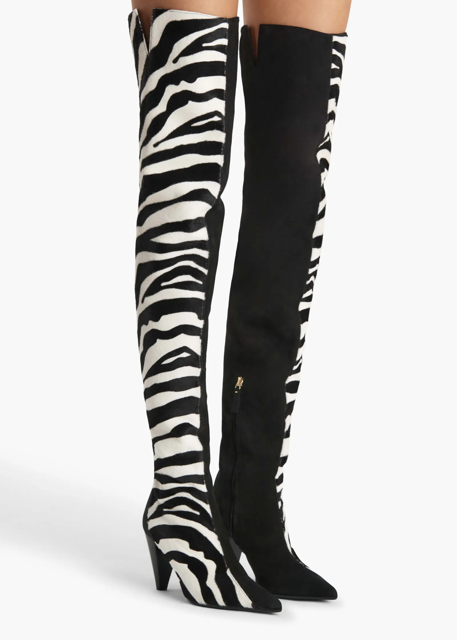 Khaite Boots-Harvey Over-the-Knee High Boot in Zebra Print Haircalf and Black Suede