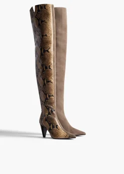 Khaite Boots-Harvey Over-the-Knee High Boot in Morning Dove Suede and Taupe Python- Morning Dove Suede and Taupe Python-Embossed Leather
