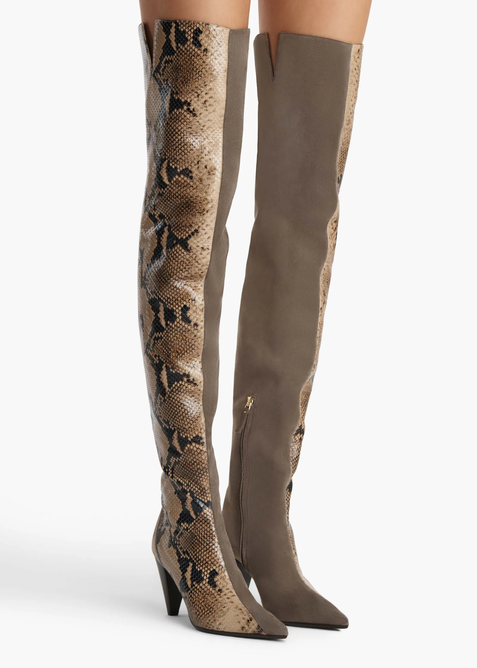 Khaite Boots-Harvey Over-the-Knee High Boot in Morning Dove Suede and Taupe Python- Morning Dove Suede and Taupe Python-Embossed Leather