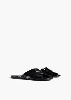 Khaite Flats|Sandals-Liria Flat Sandal in Black Glazed Leather