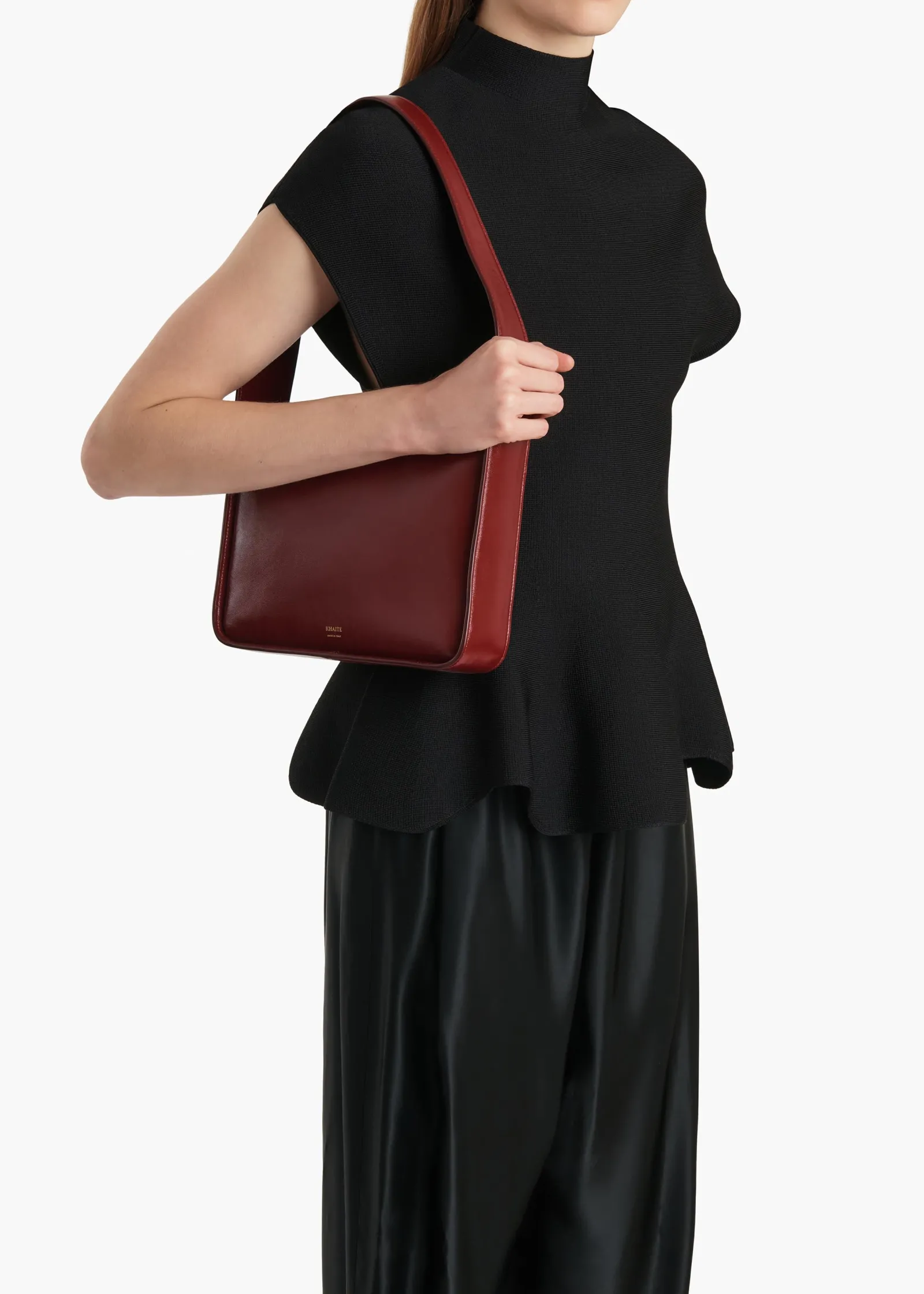 Khaite Shoulder Bags-Lori Squared Bag in Oxblood Crackle Patent Leather
