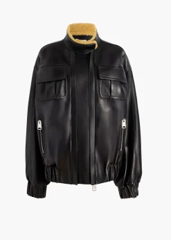 Khaite Leather|Outerwear & Coats-Malone Jacket in Black Leather with Shearling Collar