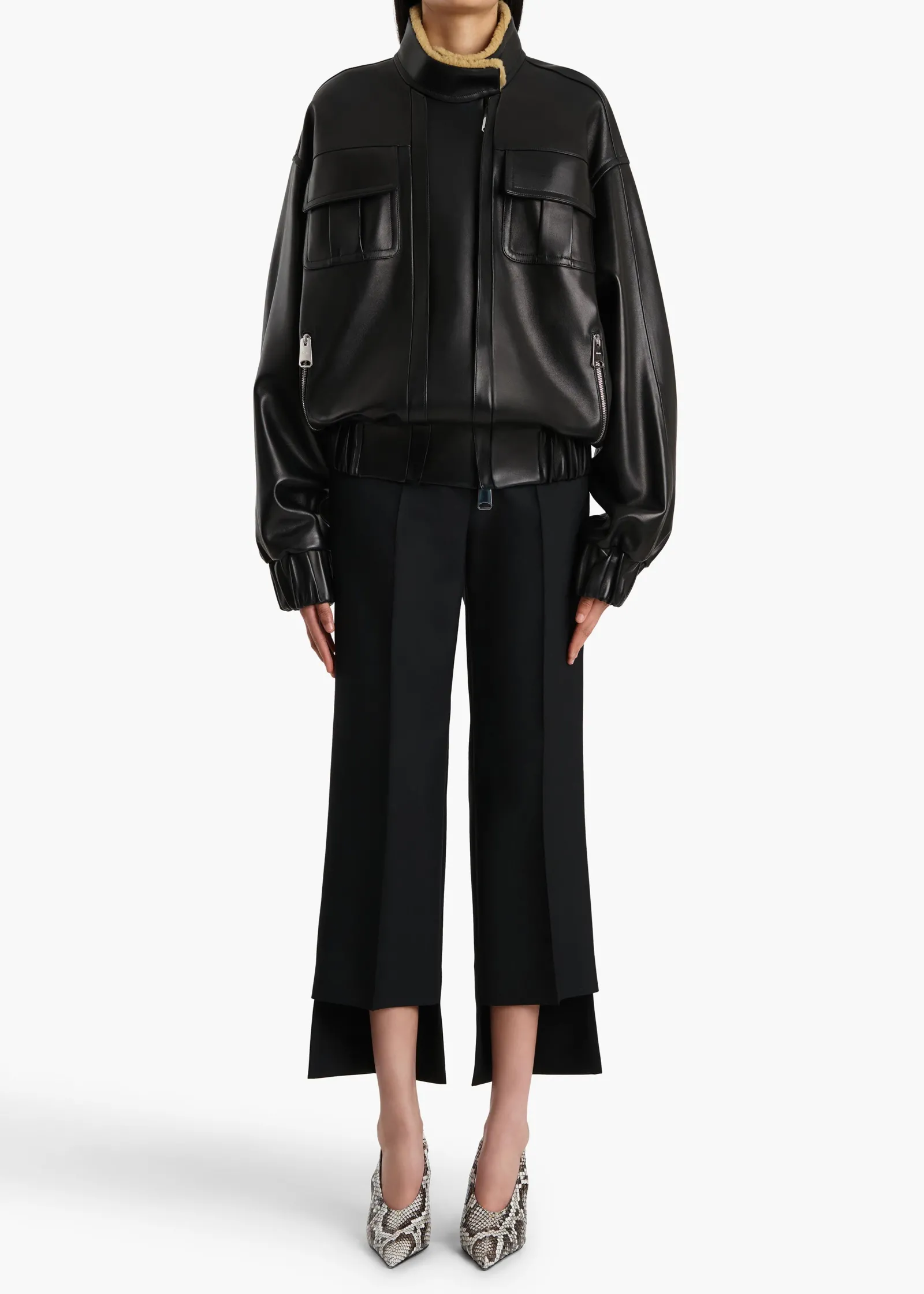 Khaite Leather|Outerwear & Coats-Malone Jacket in Black Leather with Shearling Collar