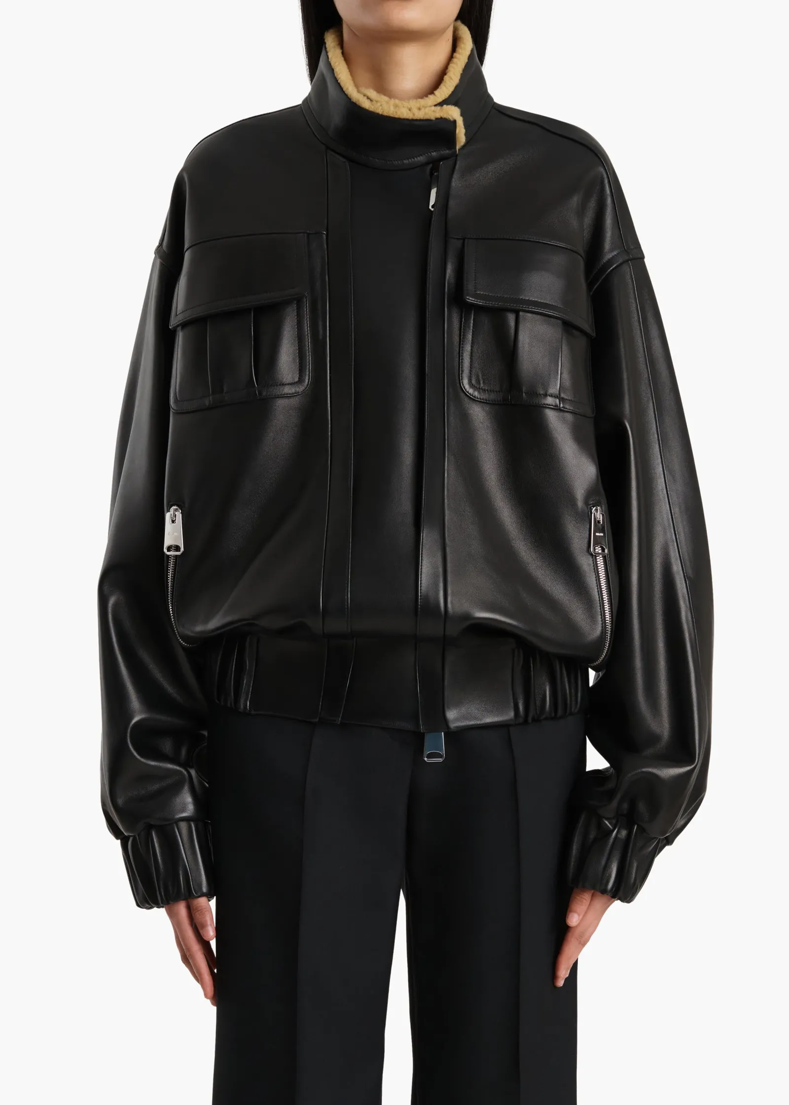 Khaite Leather|Outerwear & Coats-Malone Jacket in Black Leather with Shearling Collar