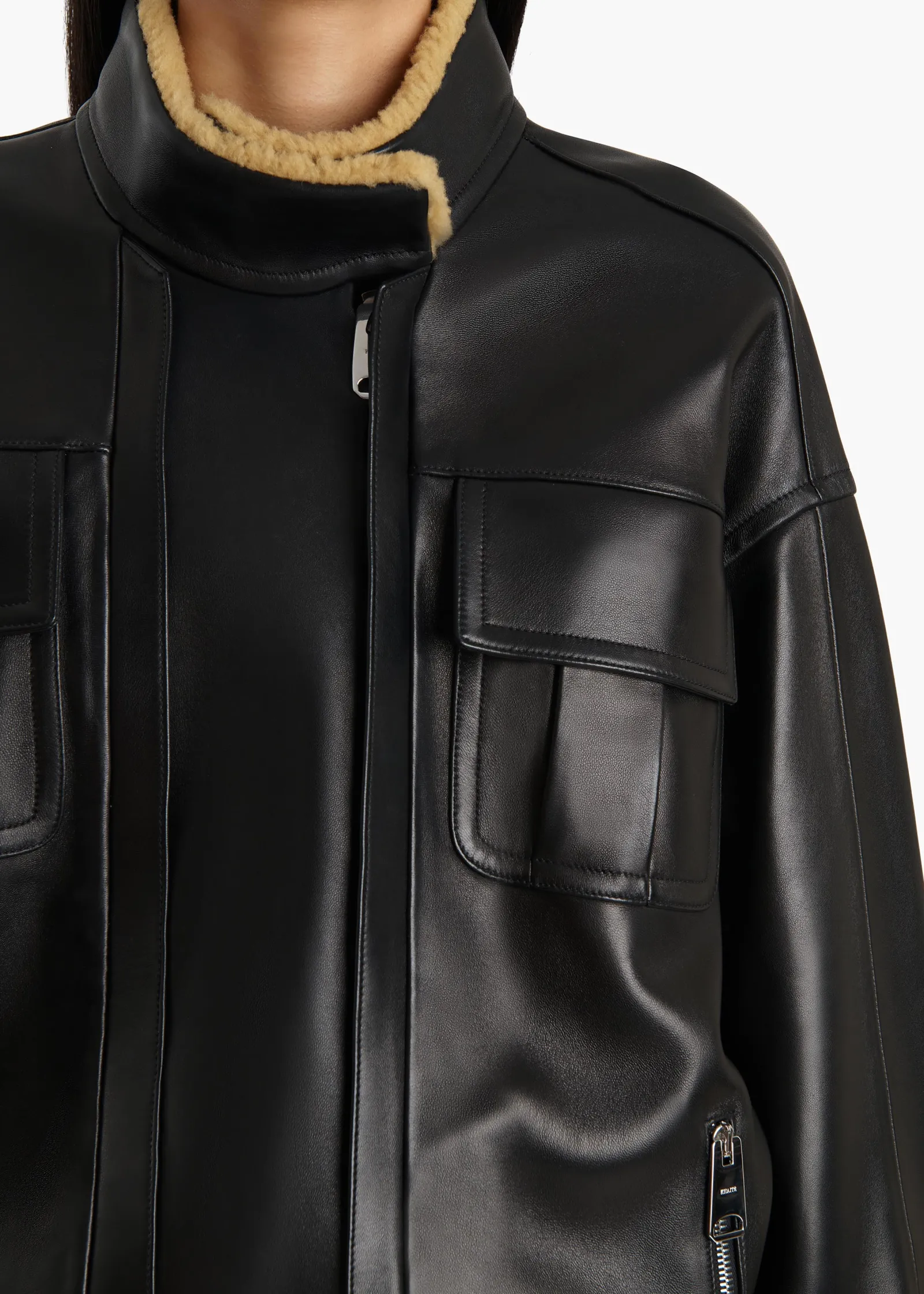 Khaite Leather|Outerwear & Coats-Malone Jacket in Black Leather with Shearling Collar