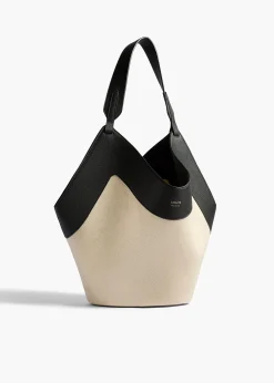 Khaite Totes-Medium Lotus Tote in Black Leather and Natural Canvas