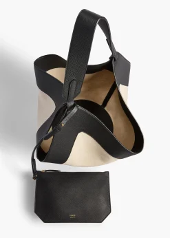 Khaite Totes-Medium Lotus Tote in Black Leather and Natural Canvas