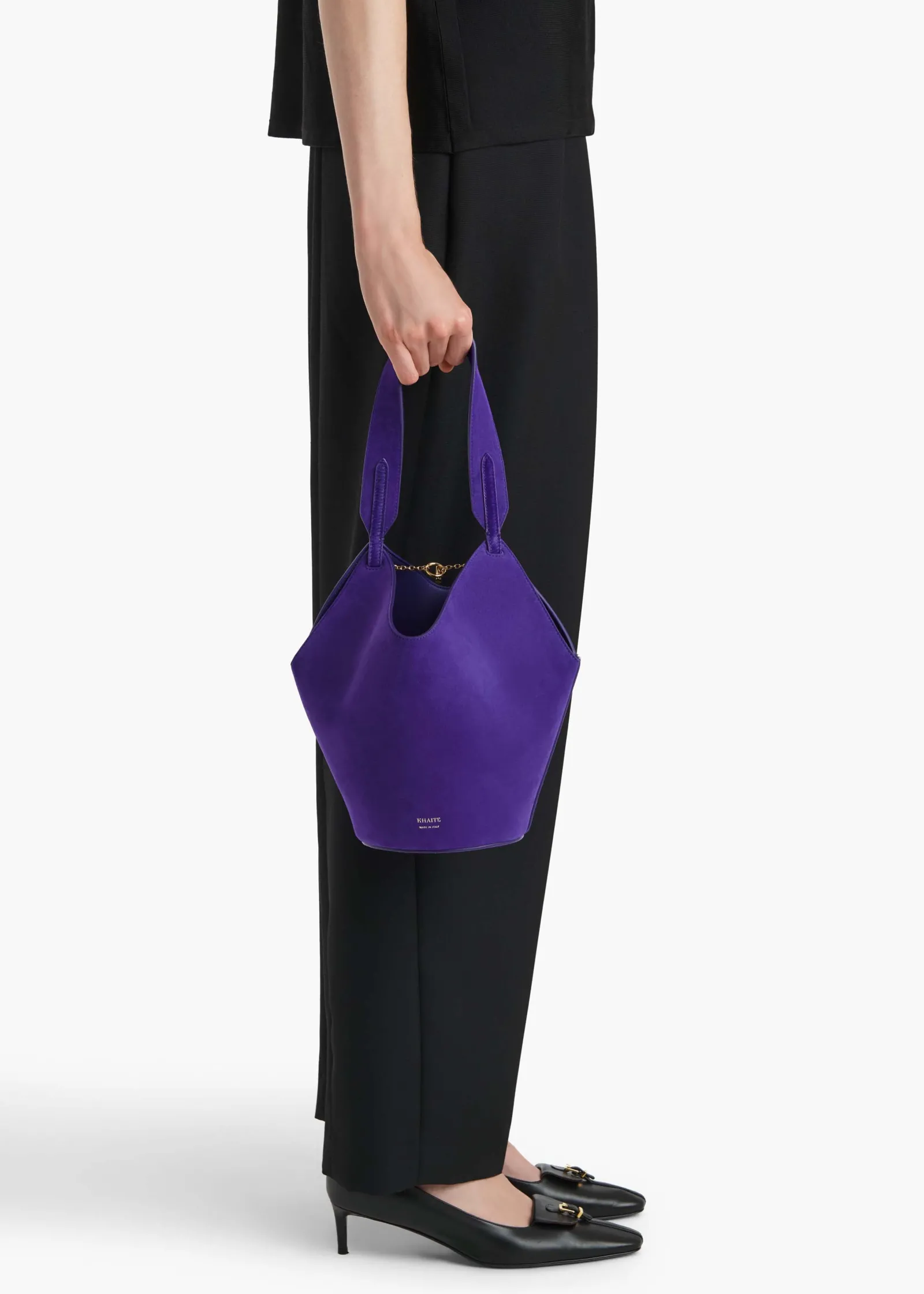 Khaite Top Handle|Totes-Mini Lotus Tote in Amethyst Haircalf and Suede