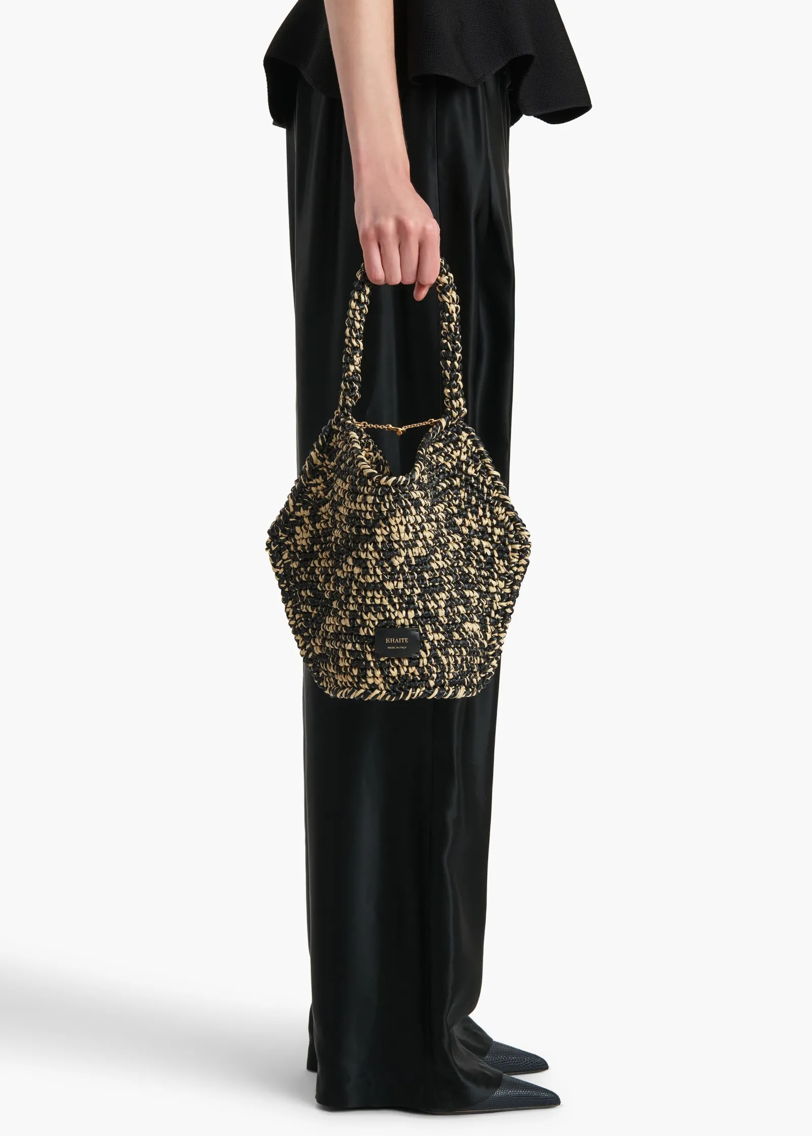 Khaite Totes-Mini Lotus Tote in Black and White Raffia