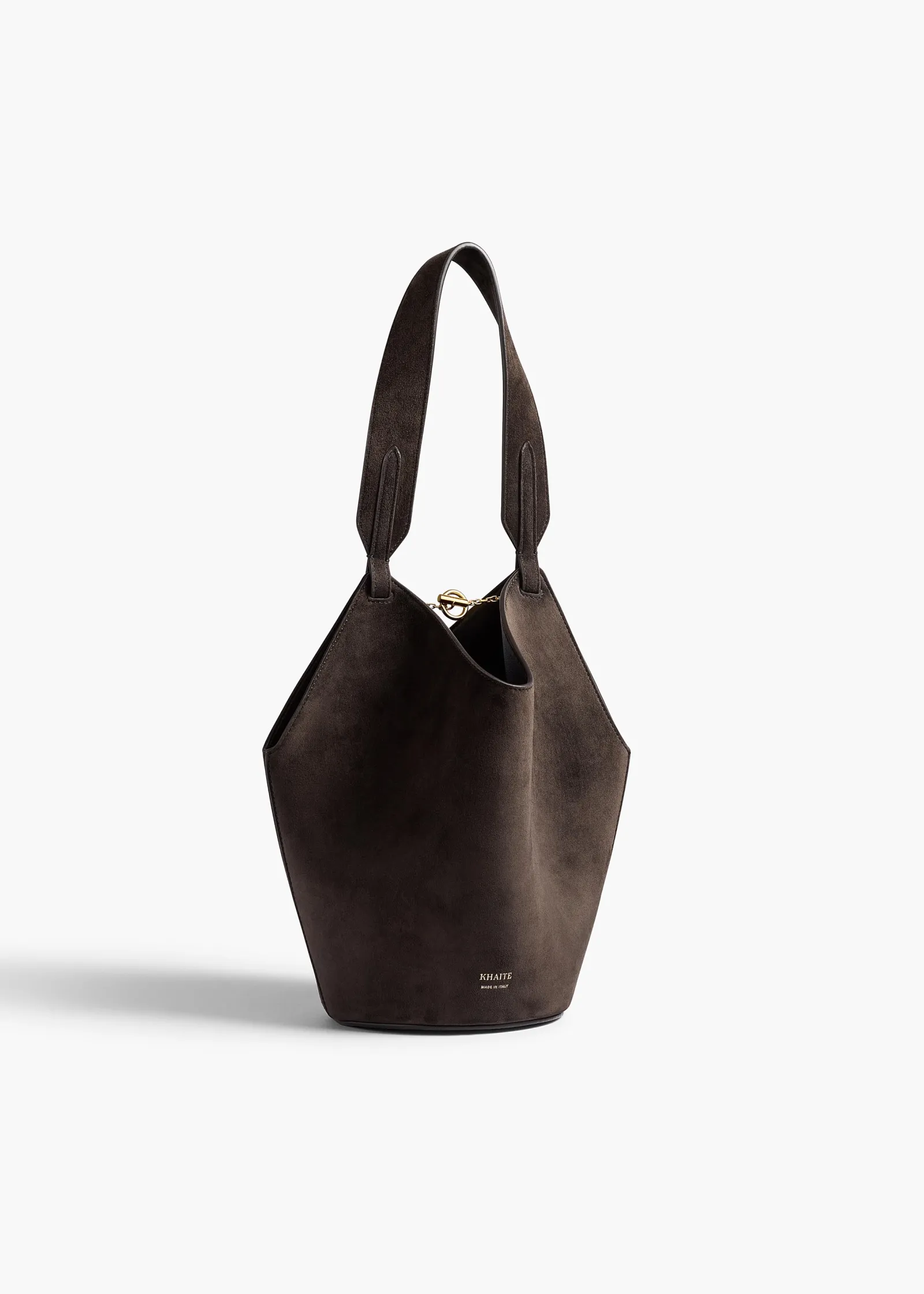 Khaite Top Handle|Totes-Mini Lotus Tote in Dark Brown Suede