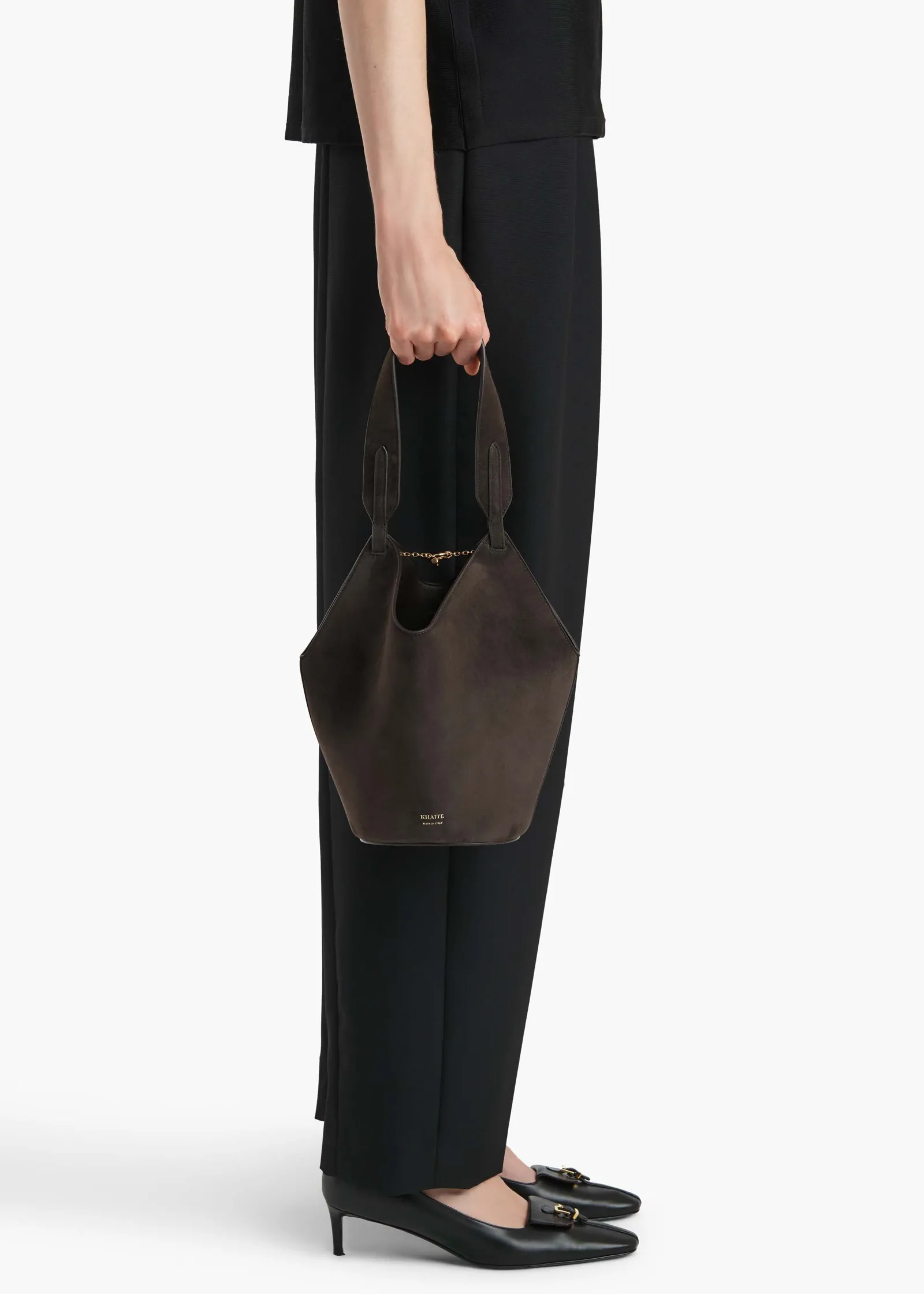 Khaite Top Handle|Totes-Mini Lotus Tote in Dark Brown Suede