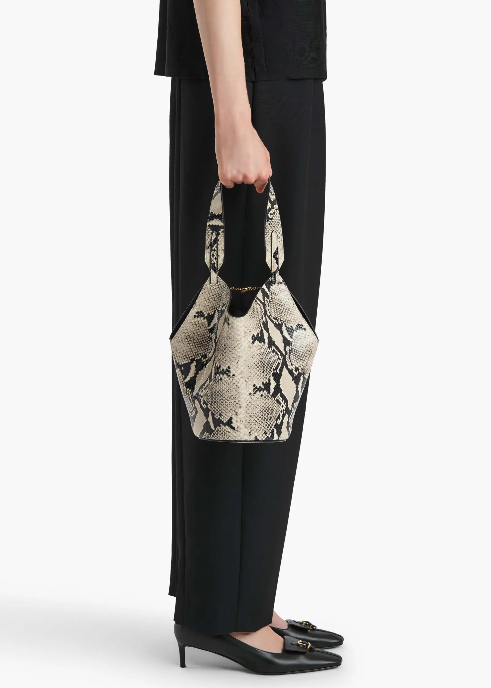 Khaite Top Handle|Totes-Mini Lotus Tote in Natural Python-Embossed Leather