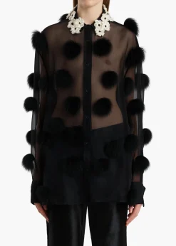Khaite Shirts & Tops-Naomi Top in Black with Fur Dot Embroidery