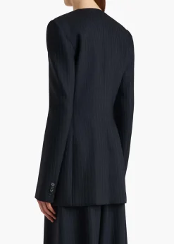 Khaite Leather|Jackets-Naran Jacket in Navy and White Stripe