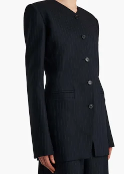 Khaite Leather|Jackets-Naran Jacket in Navy and White Stripe