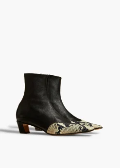 Khaite Boots-Nevada Stretch Low Boot in Black with Natural Python-Embossed Leather