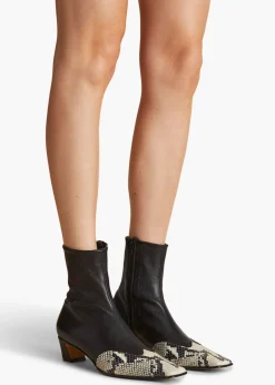 Khaite Boots-Nevada Stretch Low Boot in Black with Natural Python-Embossed Leather