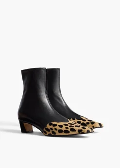 Khaite Boots-Nevada Stretch Low Boot in Black Leather with Hyena Print Haircalf