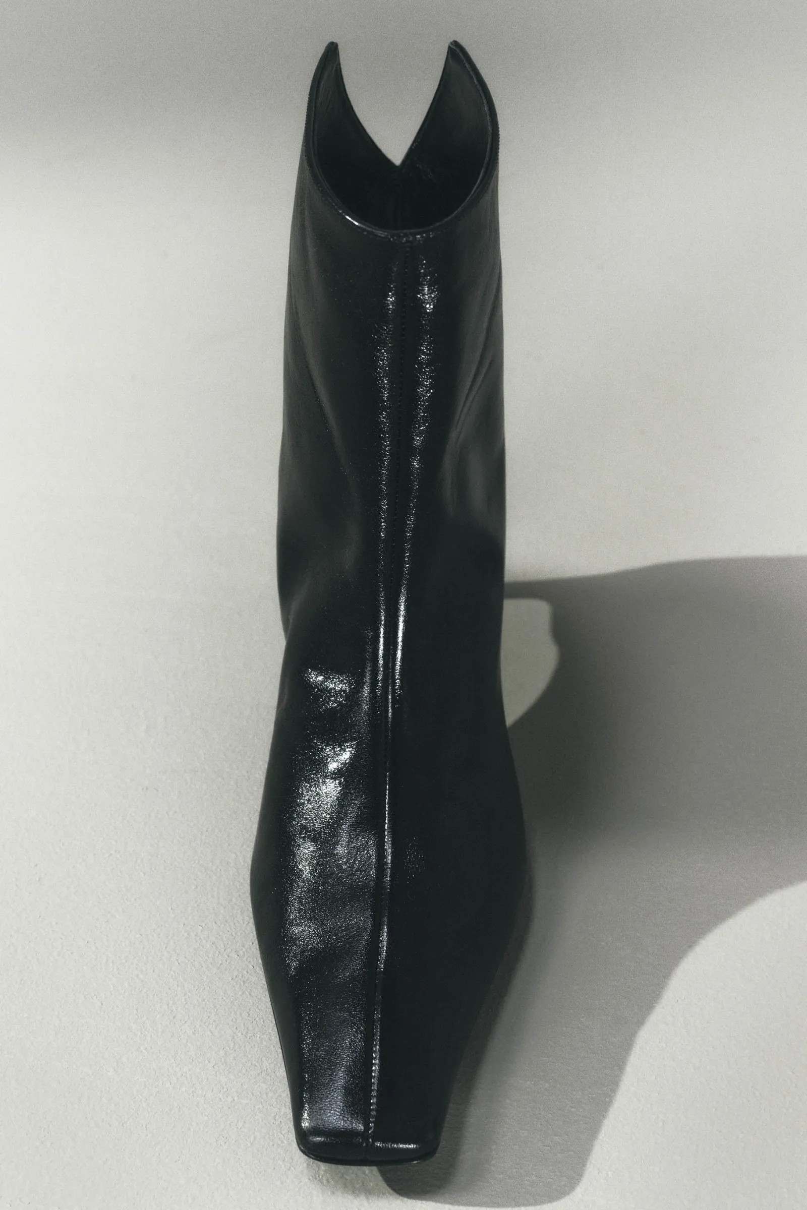 Khaite Boots-Ona Ankle Boot in Black Glazed Leather