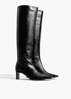 Khaite Boots-Ona Knee-High Boot in Black Glazed Leather