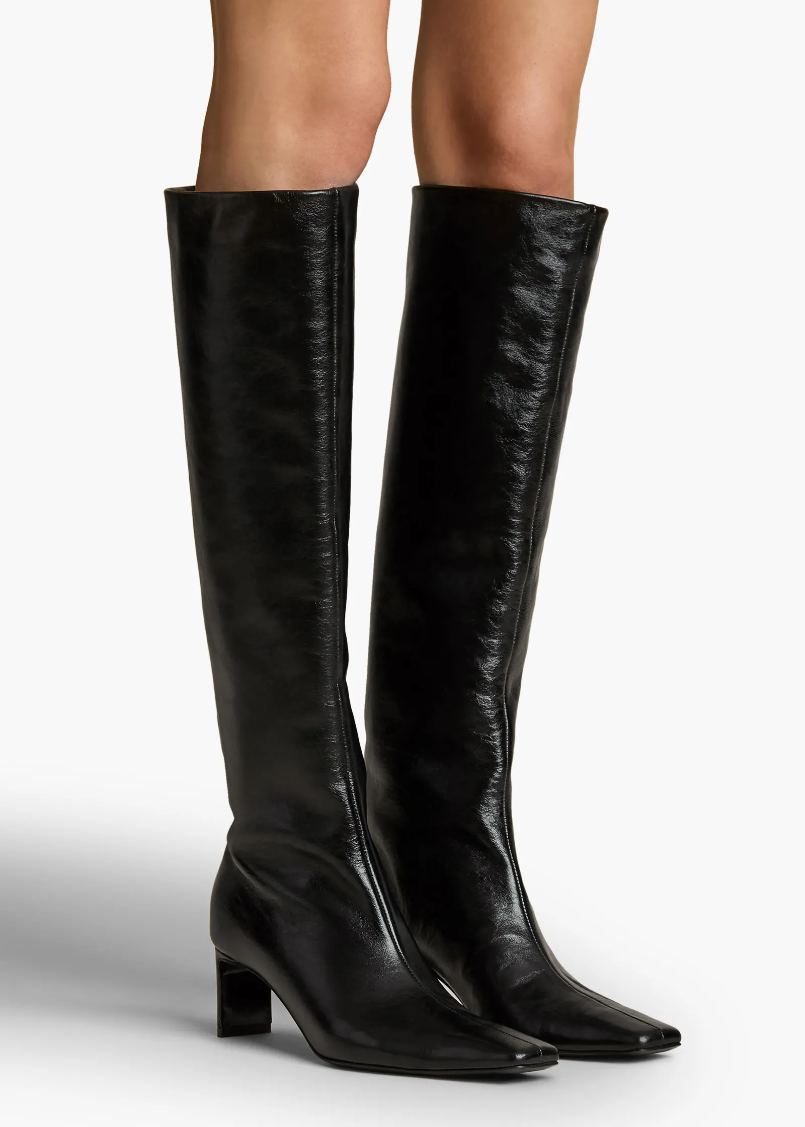 Khaite Boots-Ona Knee-High Boot in Black Glazed Leather