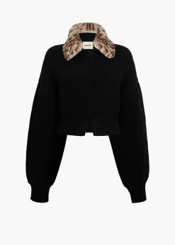 Khaite Knitwear-Pomero Jacket in Black with Rabbit Fur Collar