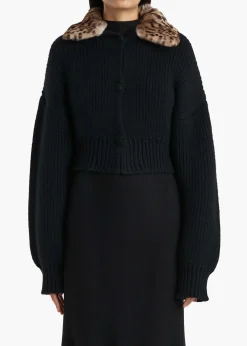 Khaite Knitwear-Pomero Jacket in Black with Rabbit Fur Collar