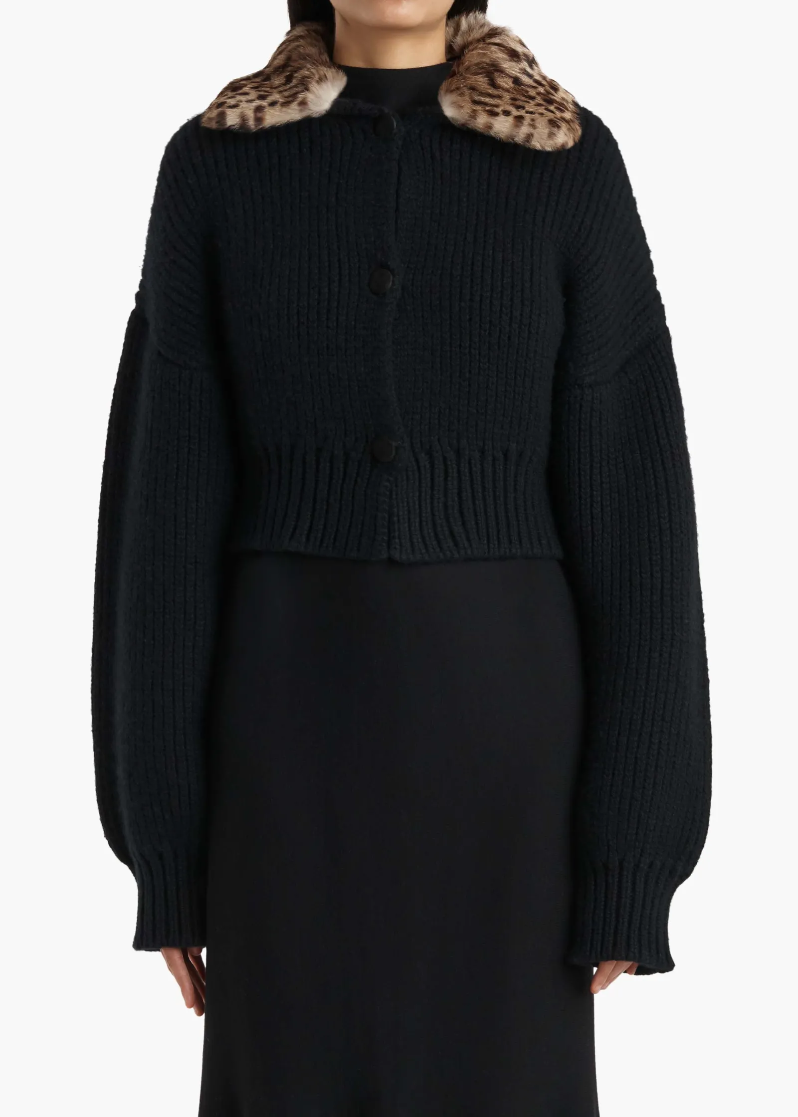 Khaite Knitwear-Pomero Jacket in Black with Rabbit Fur Collar