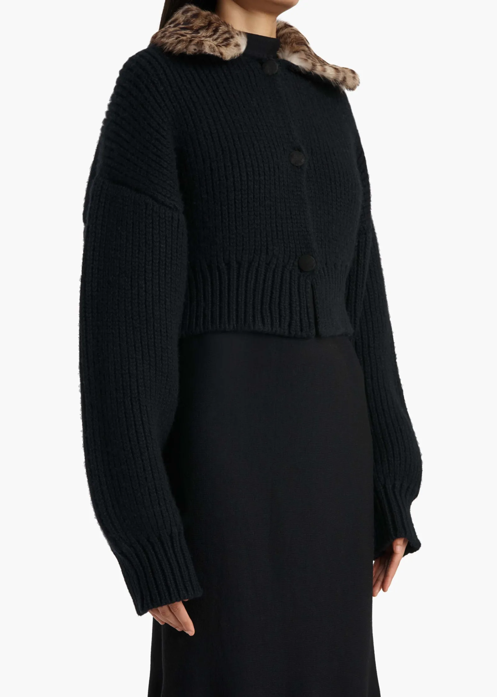 Khaite Knitwear-Pomero Jacket in Black with Rabbit Fur Collar