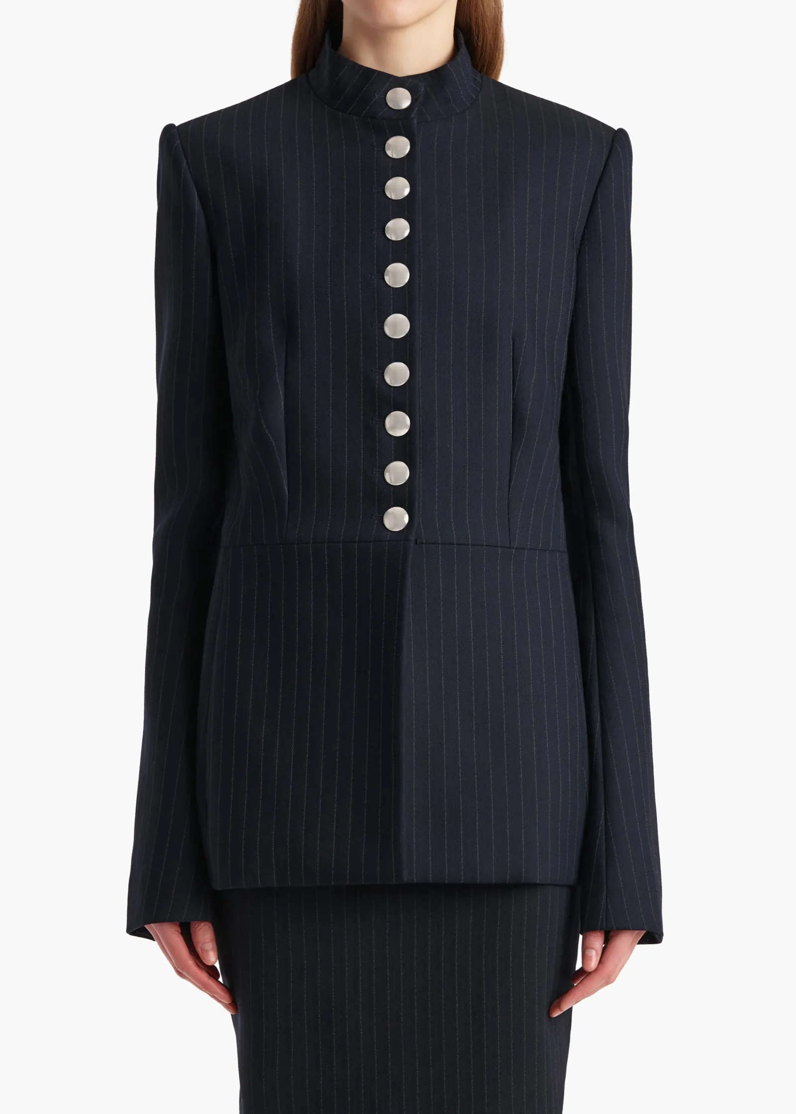 Khaite Leather|Jackets-Samuel Jacket in Navy and White Stripe